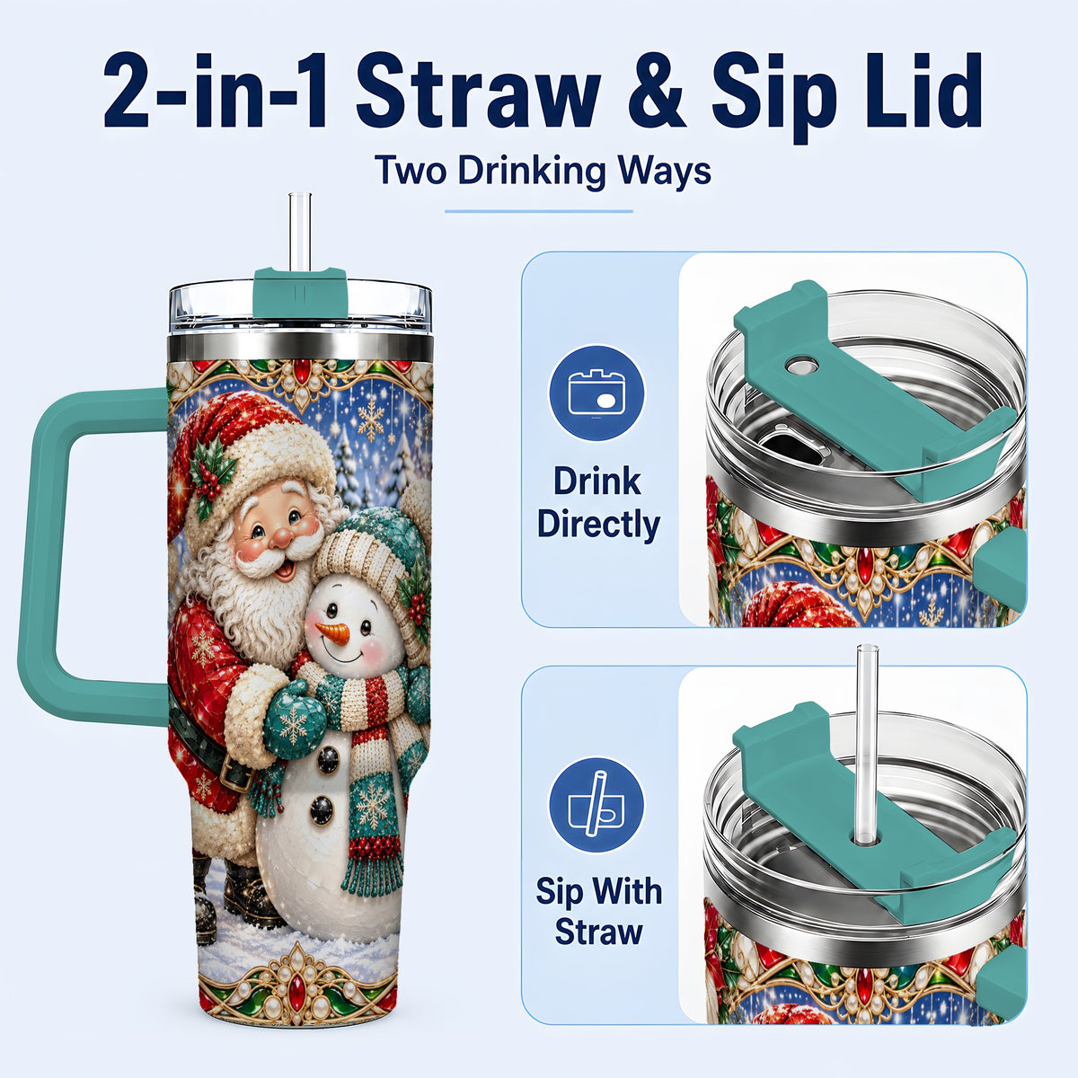 #pl[40oz|Green] Santa Snowman 40oz Tumbler with Handle, Christmas Travel Cup