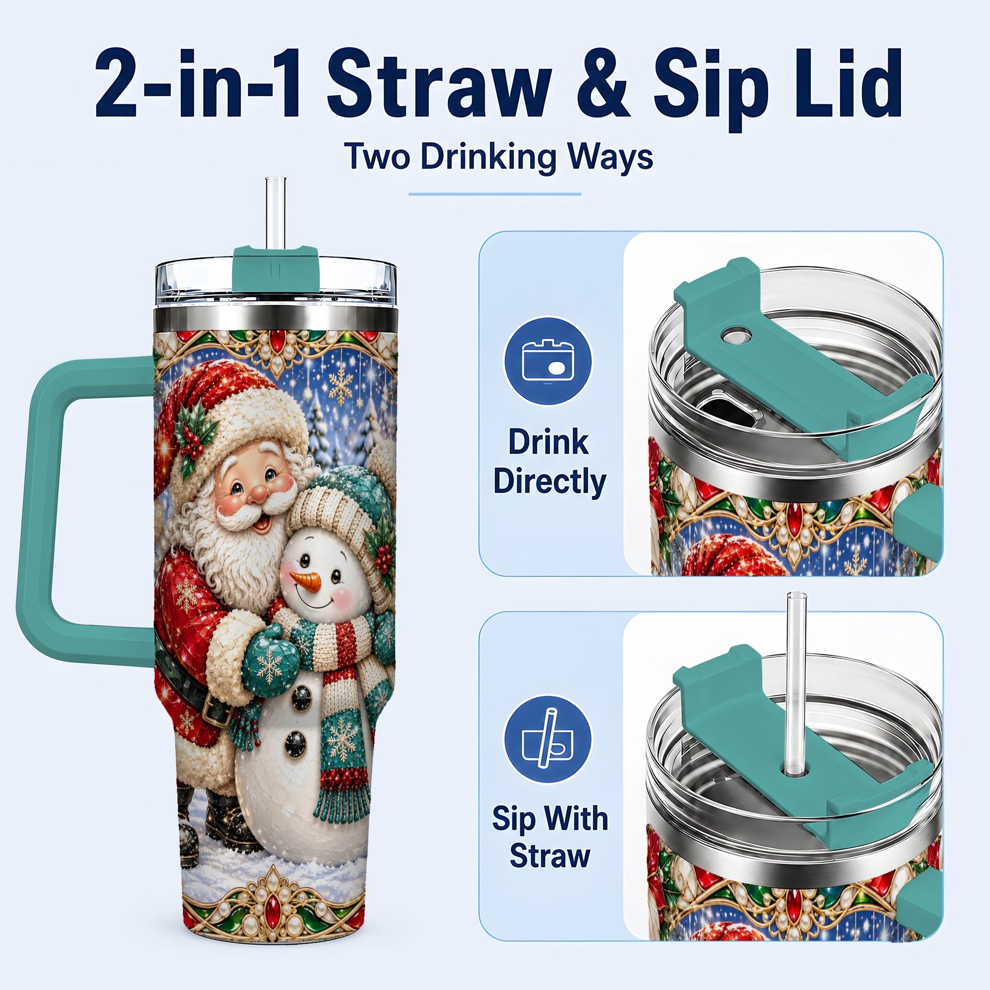 #pl[40oz|Green] Santa Snowman 40oz Tumbler with Handle, Christmas Travel Cup