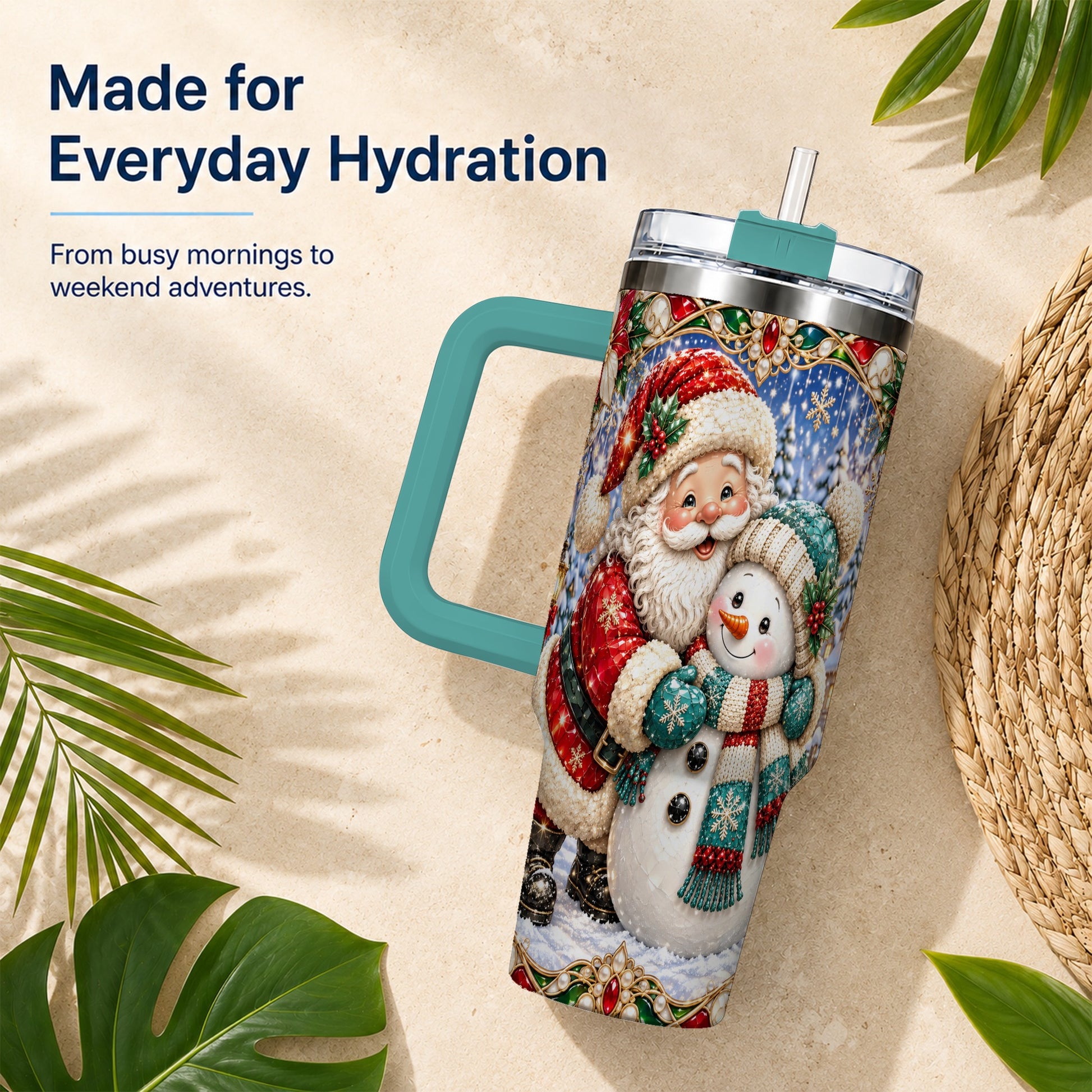 #pl[40oz|Green] Santa Snowman 40oz Tumbler with Handle, Christmas Travel Cup
