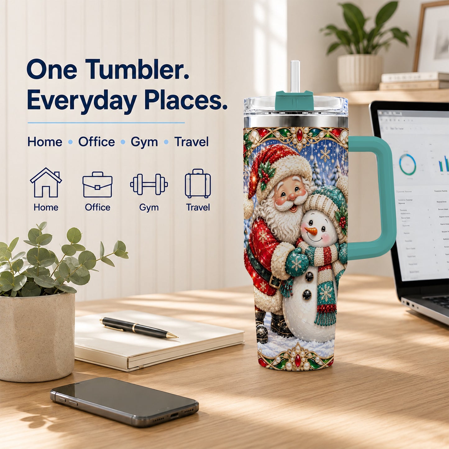 #pl[40oz|Green] Santa Snowman 40oz Tumbler with Handle, Christmas Travel Cup