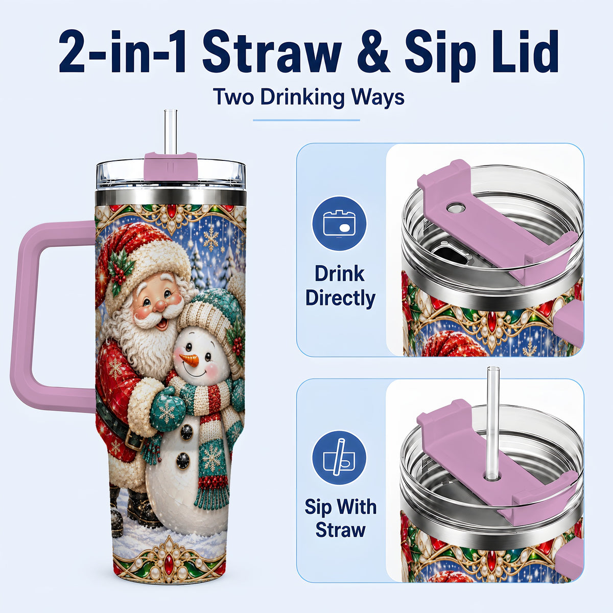 #pl[40oz|Pink] Santa Snowman 40oz Tumbler with Handle, Christmas Travel Cup