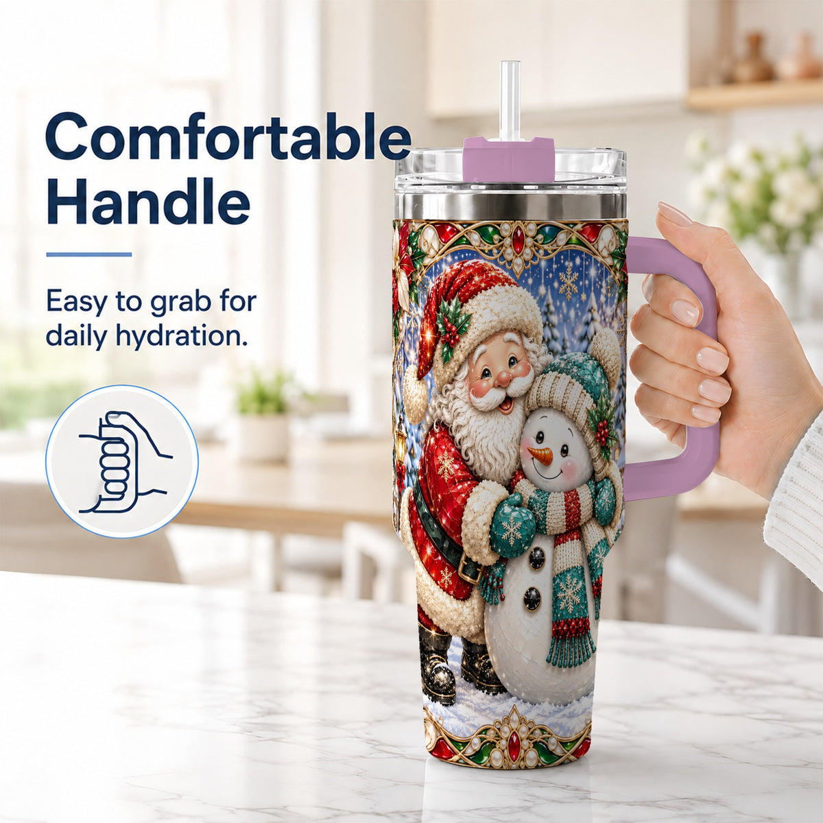 #pl[40oz|Pink] Santa Snowman 40oz Tumbler with Handle, Christmas Travel Cup