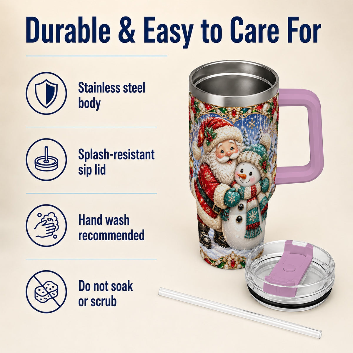 #pl[40oz|Pink] Santa Snowman 40oz Tumbler with Handle, Christmas Travel Cup
