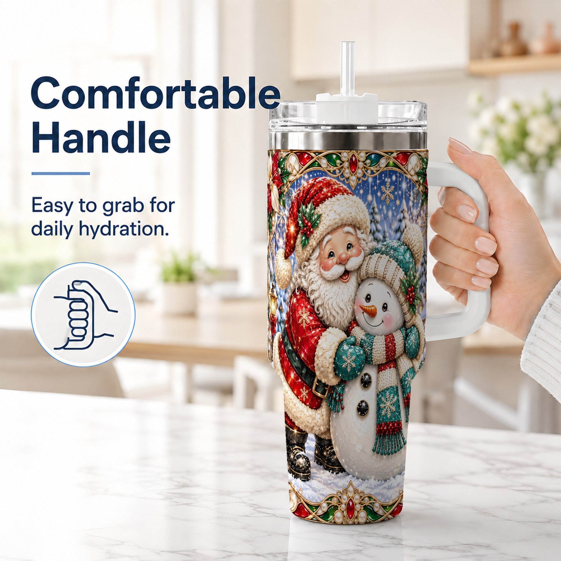#pl[40oz|White] Santa Snowman 40oz Tumbler with Handle, Christmas Travel Cup