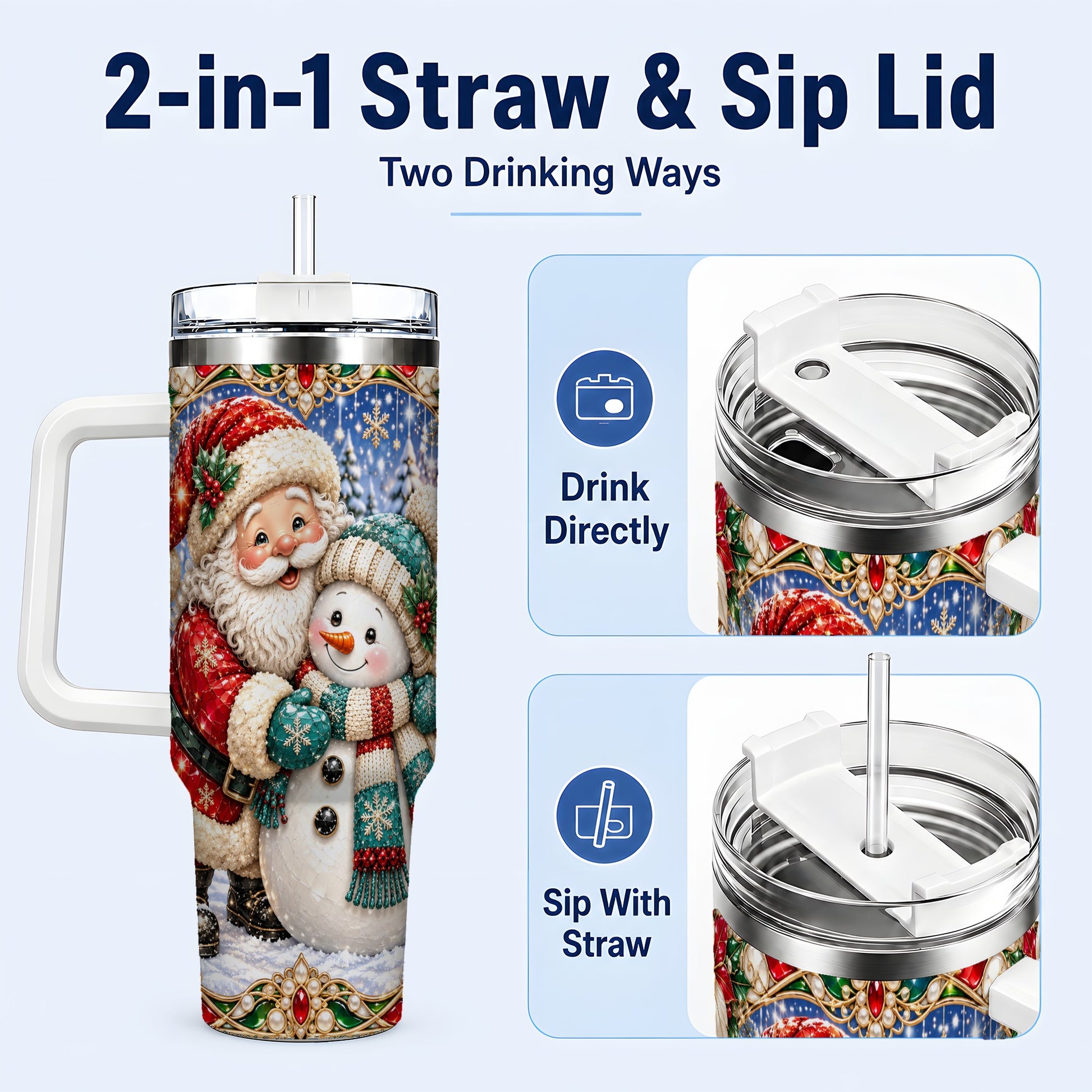 #pl[40oz|White] Santa Snowman 40oz Tumbler with Handle, Christmas Travel Cup