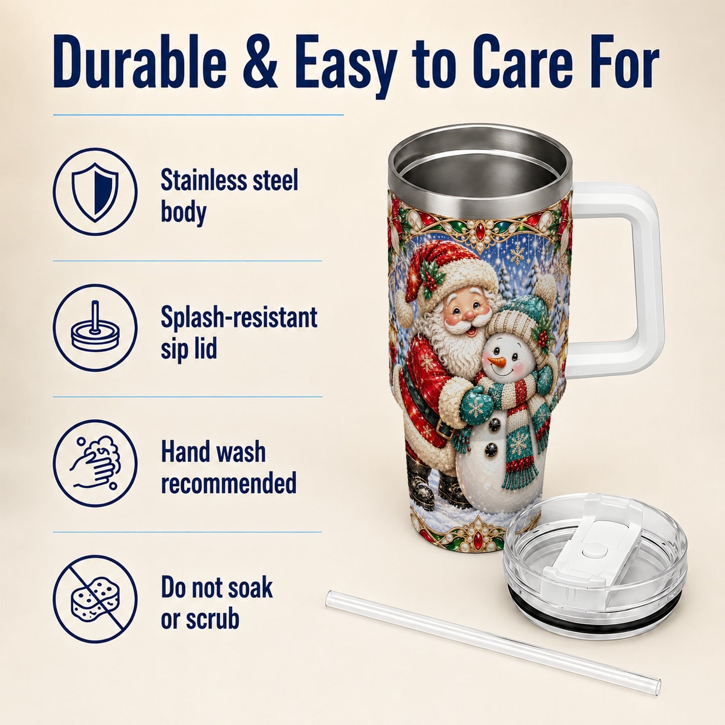 #pl[40oz|White] Santa Snowman 40oz Tumbler with Handle, Christmas Travel Cup