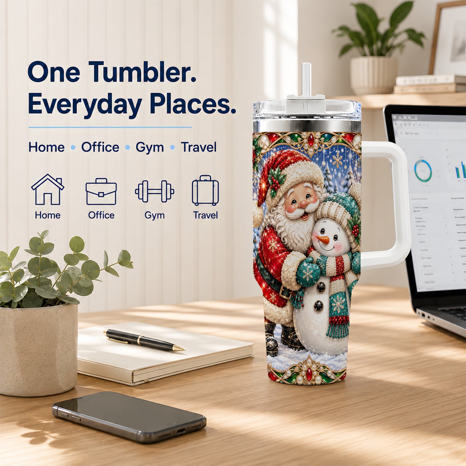 #pl[40oz|White] Santa Snowman 40oz Tumbler with Handle, Christmas Travel Cup