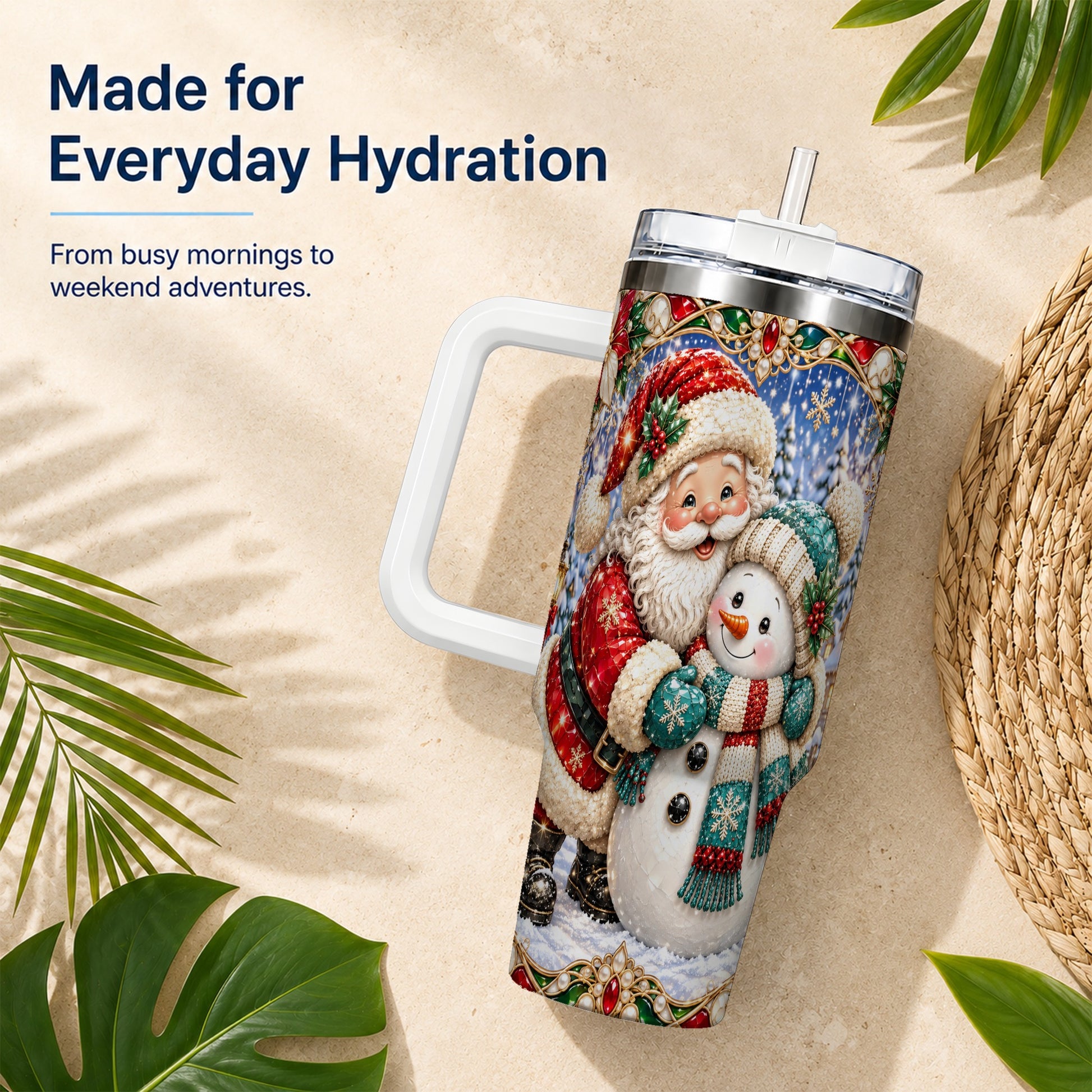 #pl[40oz|White] Santa Snowman 40oz Tumbler with Handle, Christmas Travel Cup