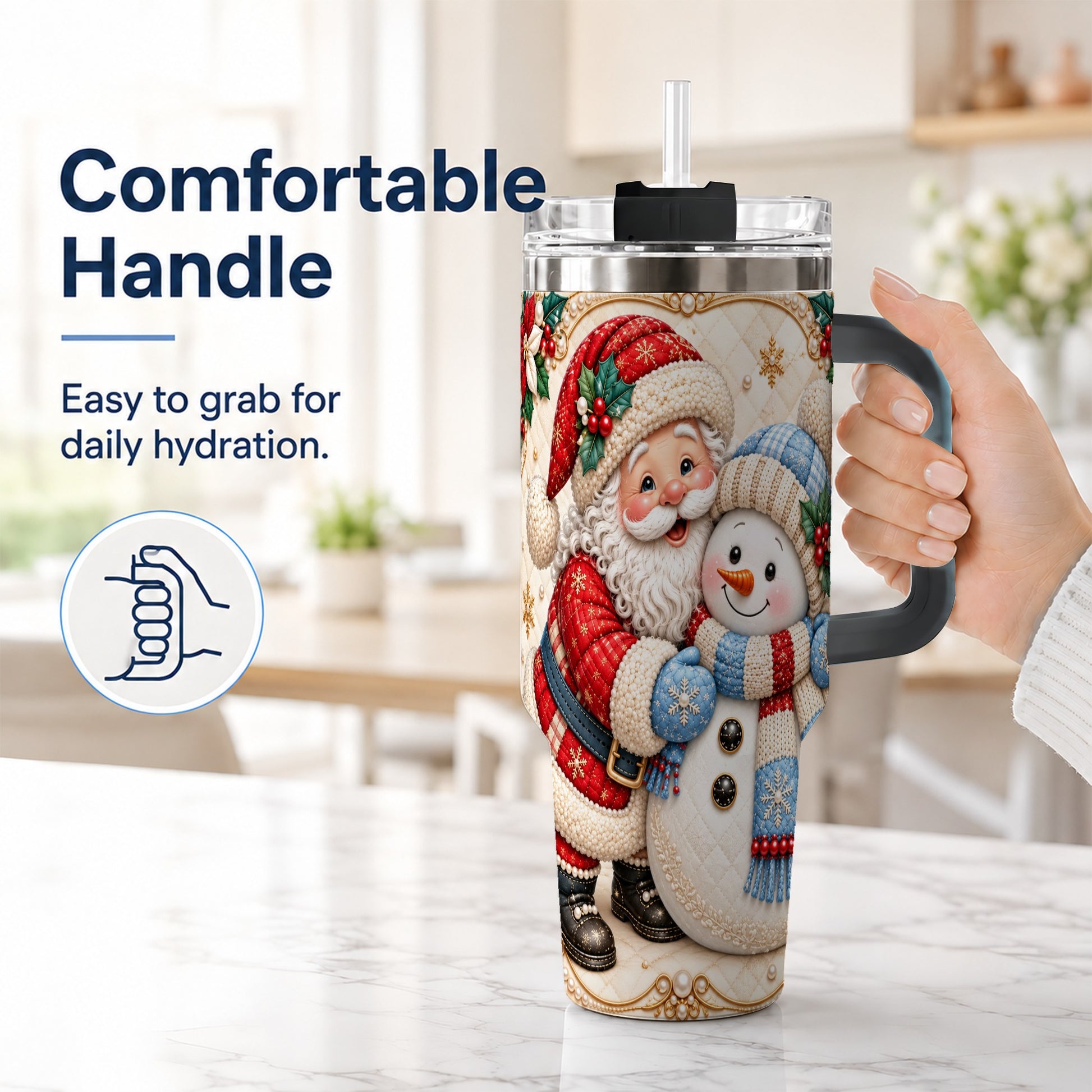 #pl[40oz|Black] Santa Snowman 40oz Tumbler with Handle, Christmas Stainless Steel Cup