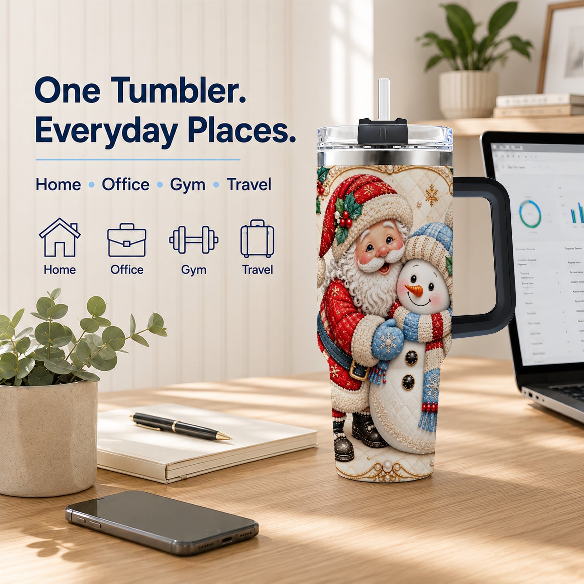 #pl[40oz|Black] Santa Snowman 40oz Tumbler with Handle, Christmas Stainless Steel Cup