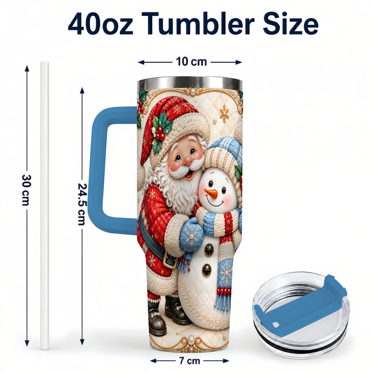 #pl[40oz|Blue] Santa Snowman 40oz Tumbler with Handle, Christmas Stainless Steel Cup