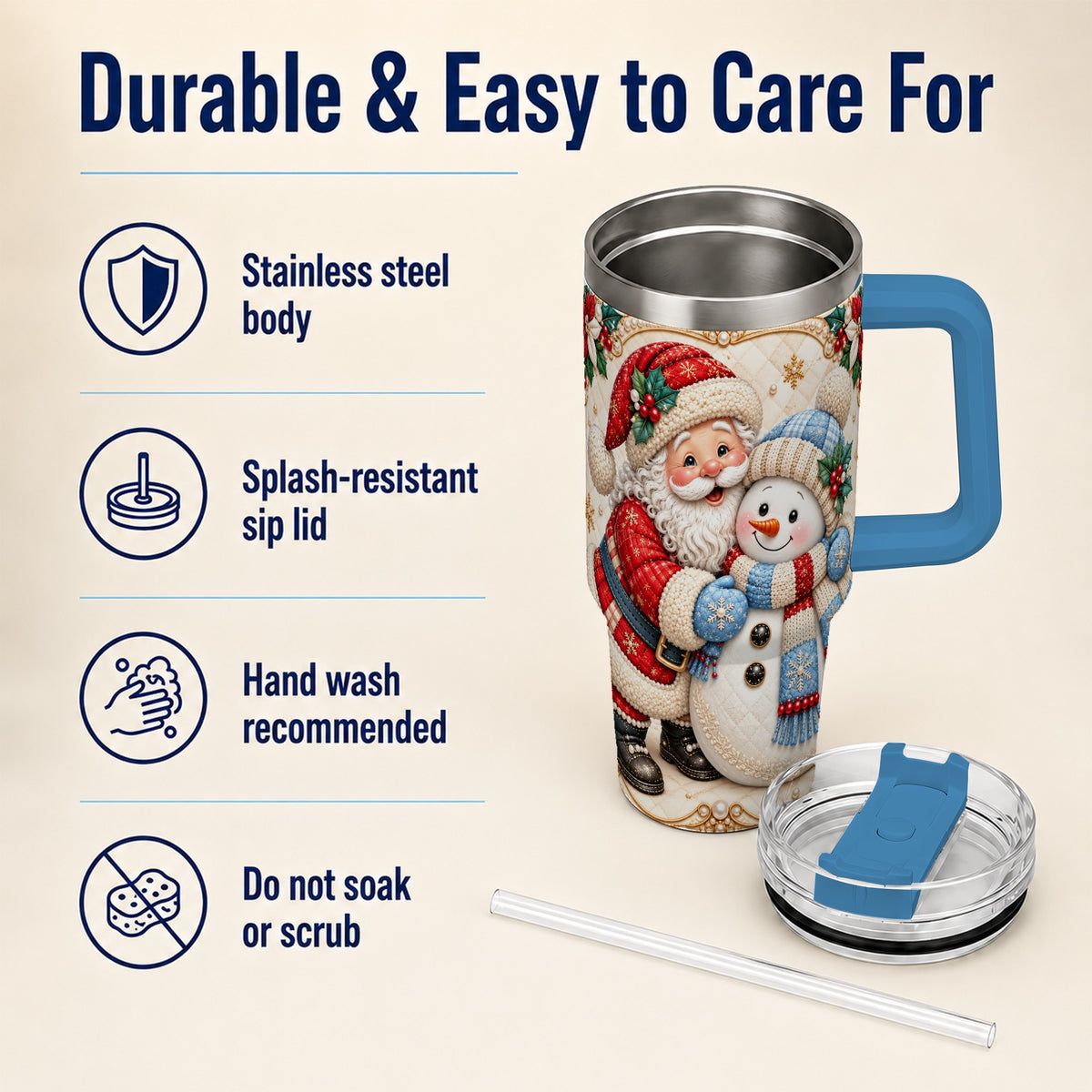 #pl[40oz|Blue] Santa Snowman 40oz Tumbler with Handle, Christmas Stainless Steel Cup
