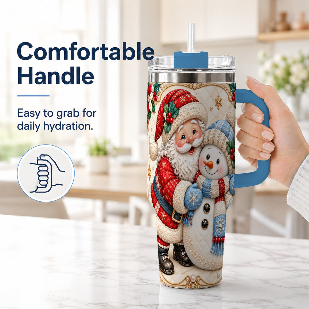 #pl[40oz|Blue] Santa Snowman 40oz Tumbler with Handle, Christmas Stainless Steel Cup