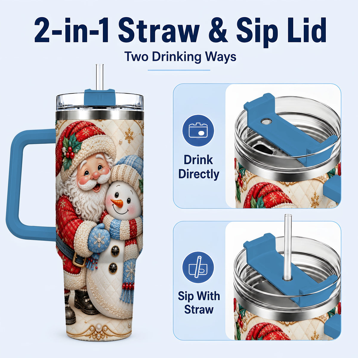 #pl[40oz|Blue] Santa Snowman 40oz Tumbler with Handle, Christmas Stainless Steel Cup