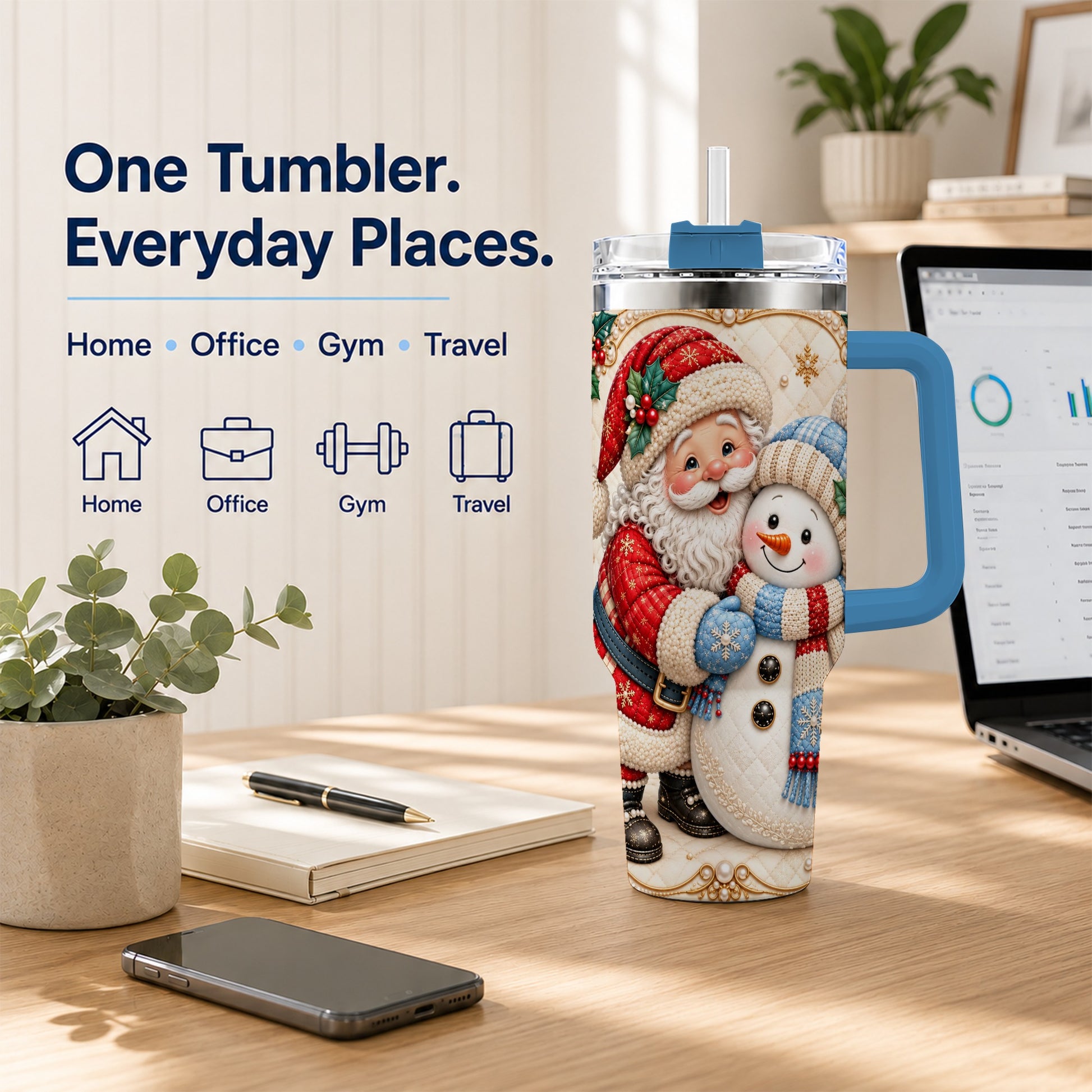 #pl[40oz|Blue] Santa Snowman 40oz Tumbler with Handle, Christmas Stainless Steel Cup