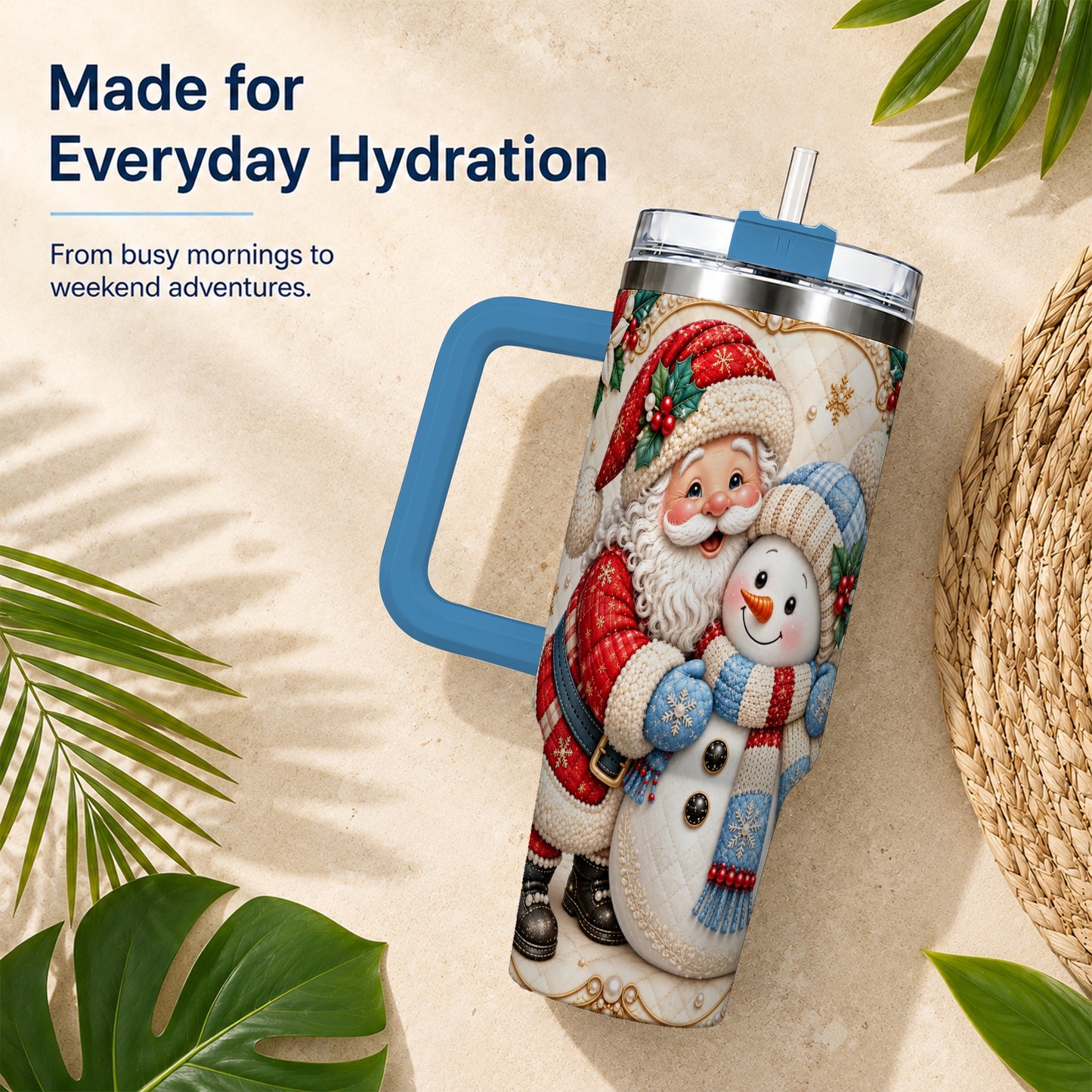#pl[40oz|Blue] Santa Snowman 40oz Tumbler with Handle, Christmas Stainless Steel Cup