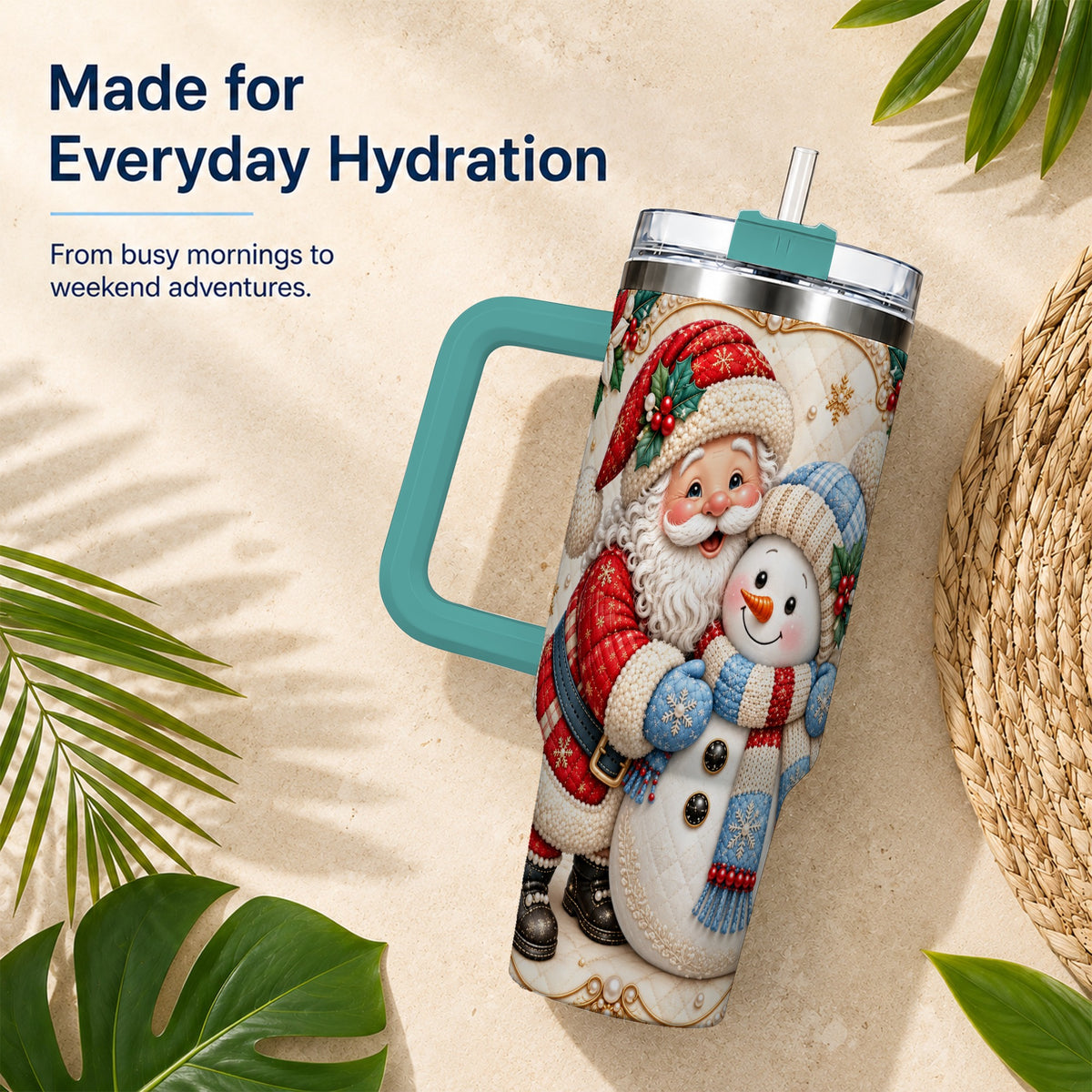 #pl[40oz|Green] Santa Snowman 40oz Tumbler with Handle, Christmas Stainless Steel Cup