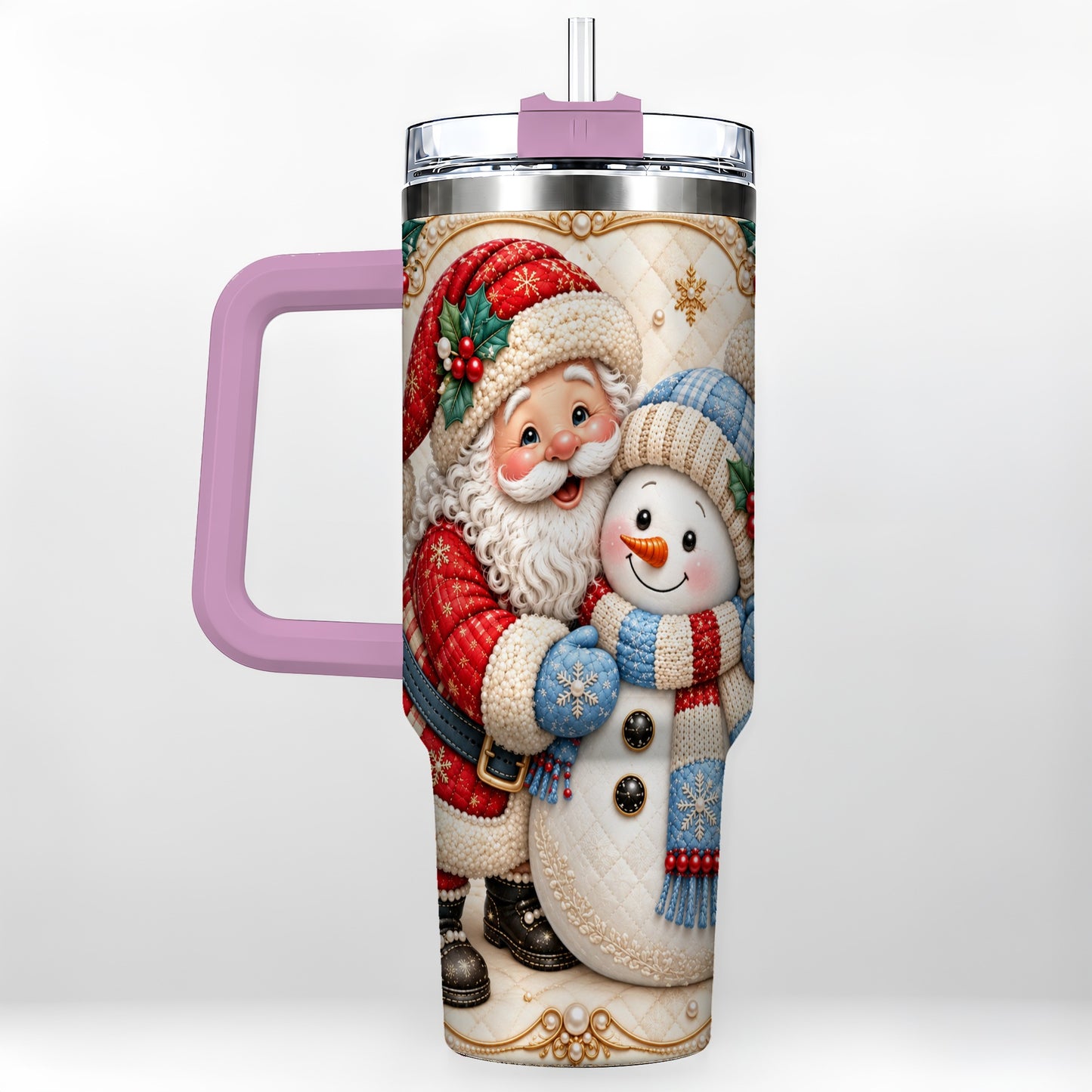 #pl[40oz|Pink] Santa Snowman 40oz Tumbler with Handle, Christmas Stainless Steel Cup