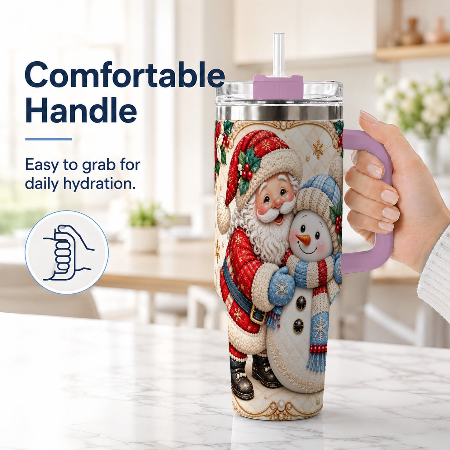 #pl[40oz|Pink] Santa Snowman 40oz Tumbler with Handle, Christmas Stainless Steel Cup