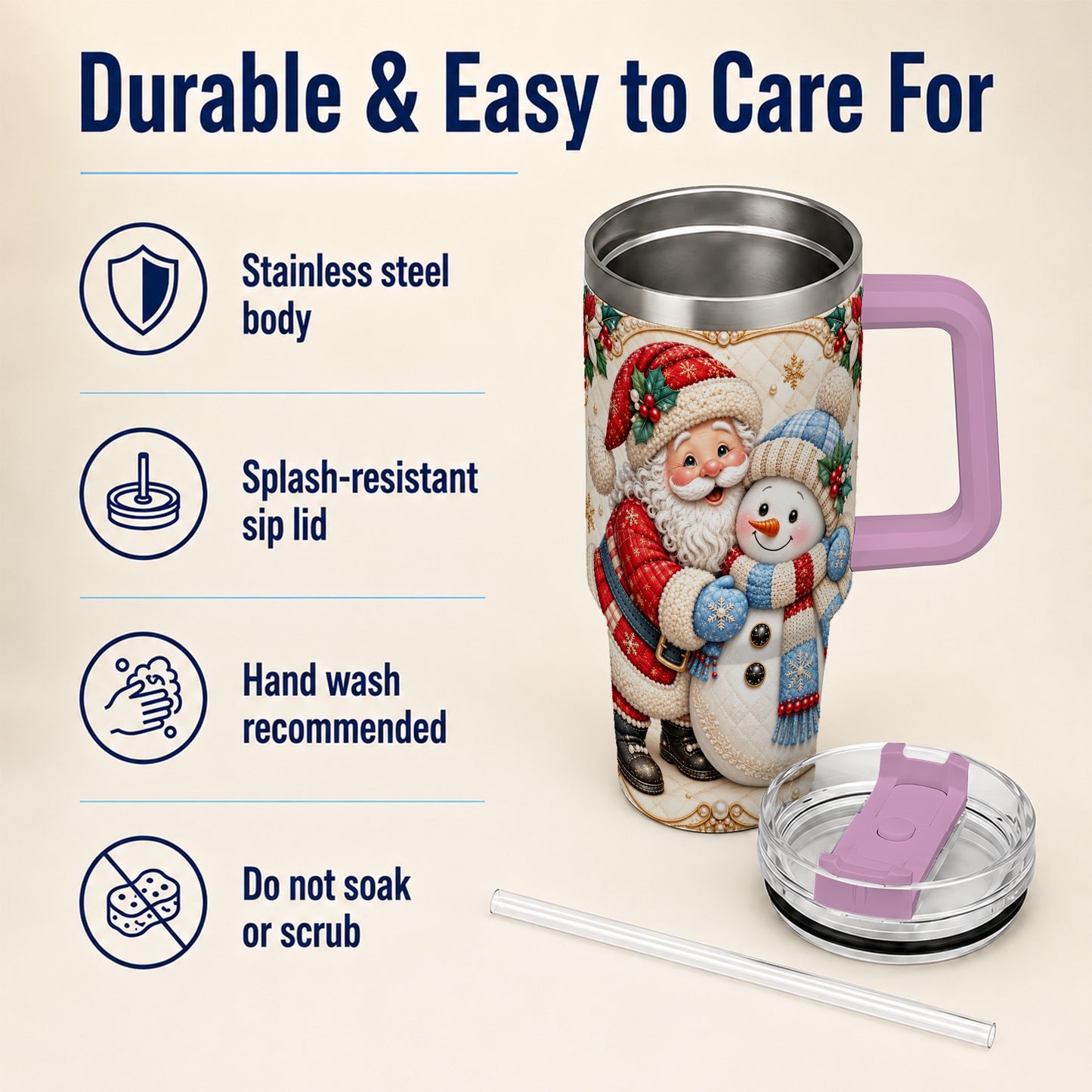 #pl[40oz|Pink] Santa Snowman 40oz Tumbler with Handle, Christmas Stainless Steel Cup