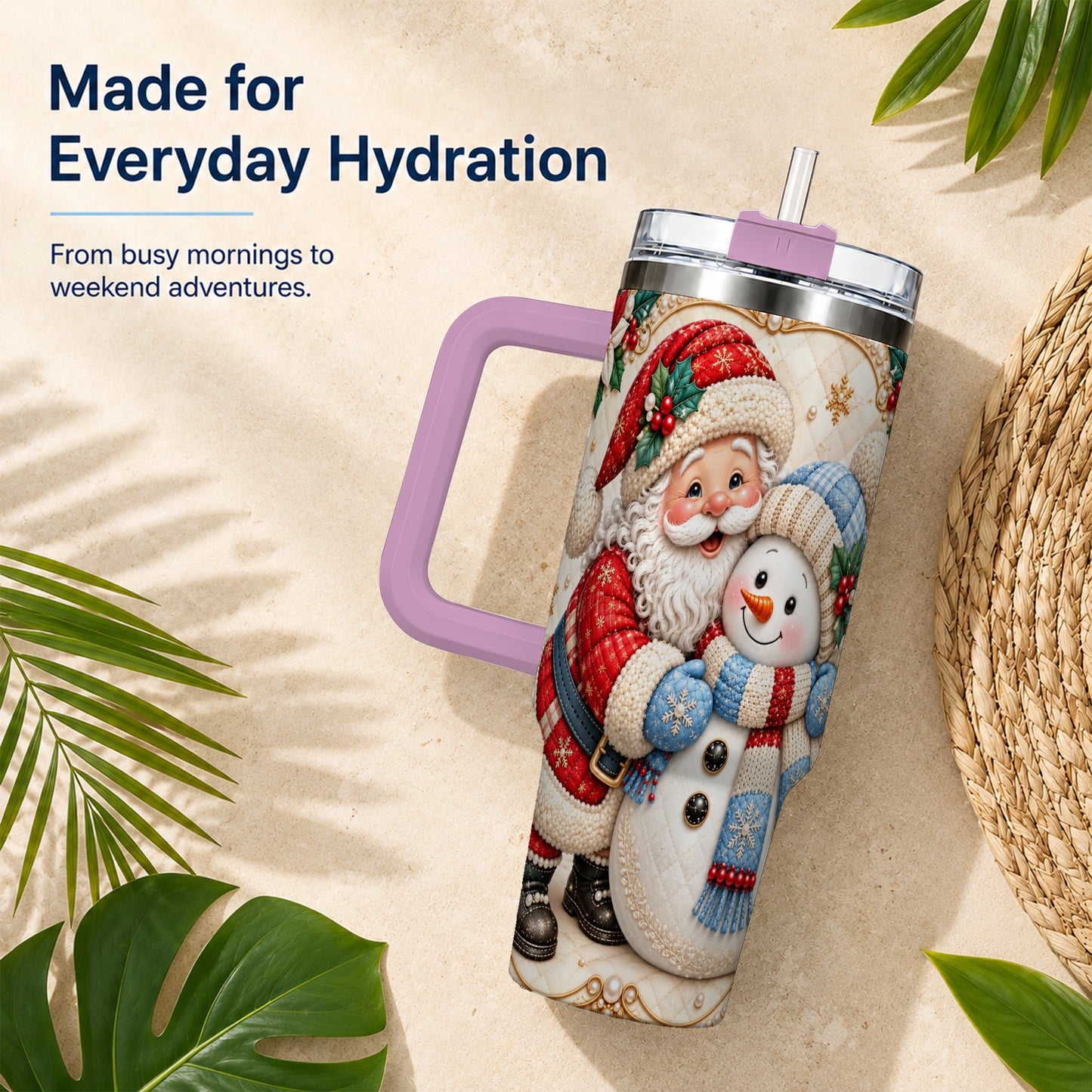 #pl[40oz|Pink] Santa Snowman 40oz Tumbler with Handle, Christmas Stainless Steel Cup