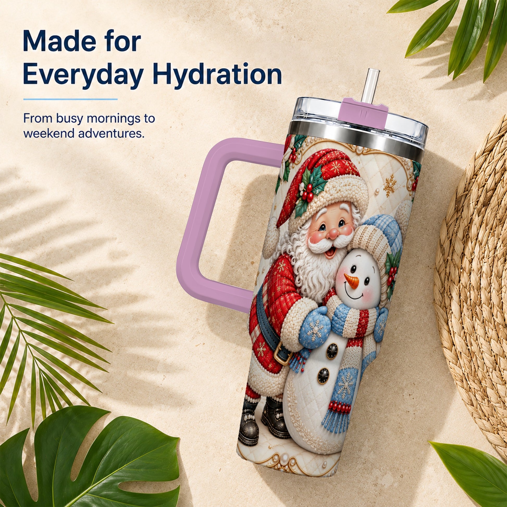 #pl[40oz|Pink] Santa Snowman 40oz Tumbler with Handle, Christmas Stainless Steel Cup