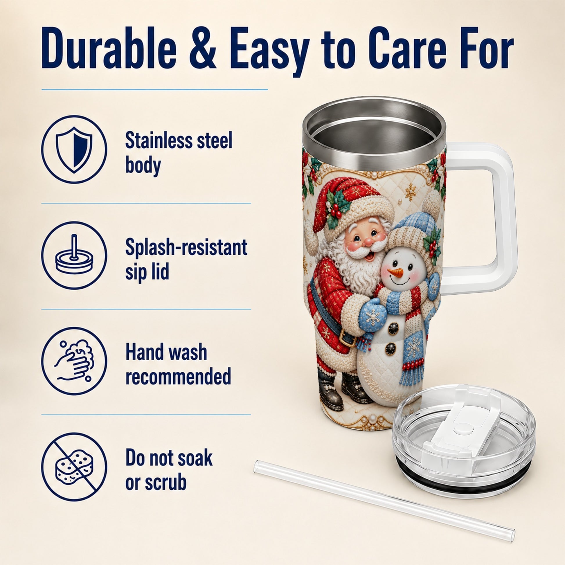 #pl[40oz|White] Santa Snowman 40oz Tumbler with Handle, Christmas Stainless Steel Cup