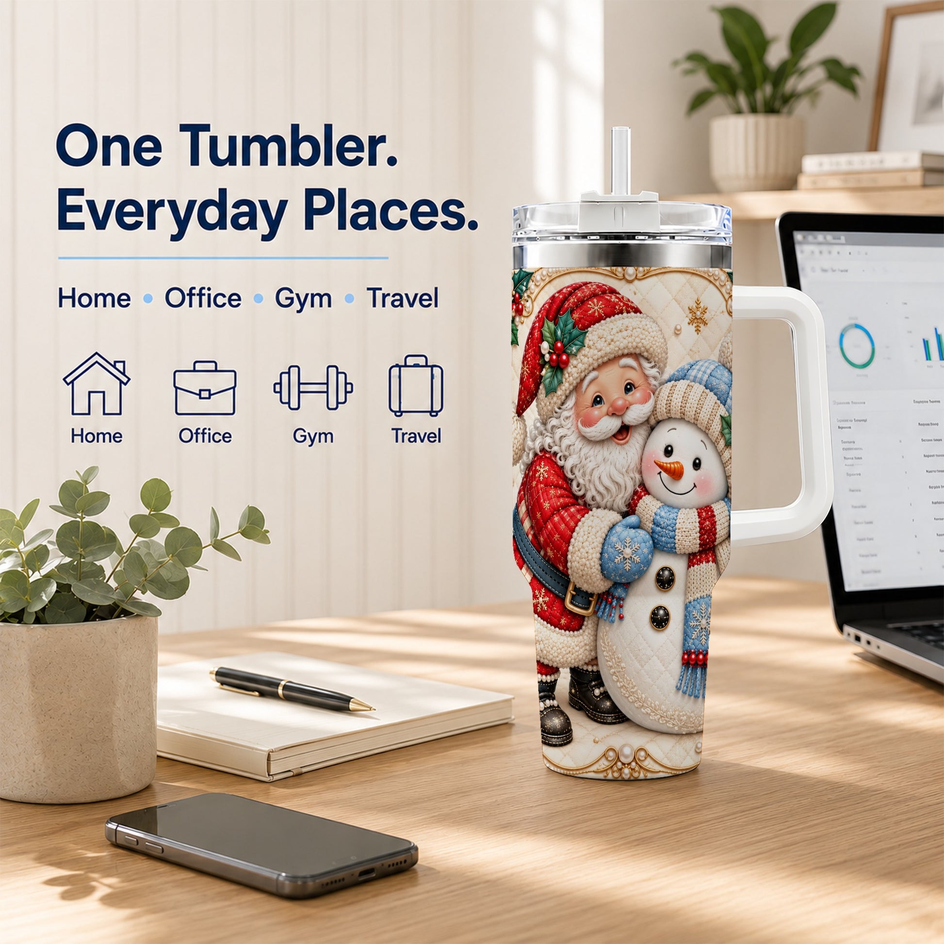 #pl[40oz|White] Santa Snowman 40oz Tumbler with Handle, Christmas Stainless Steel Cup