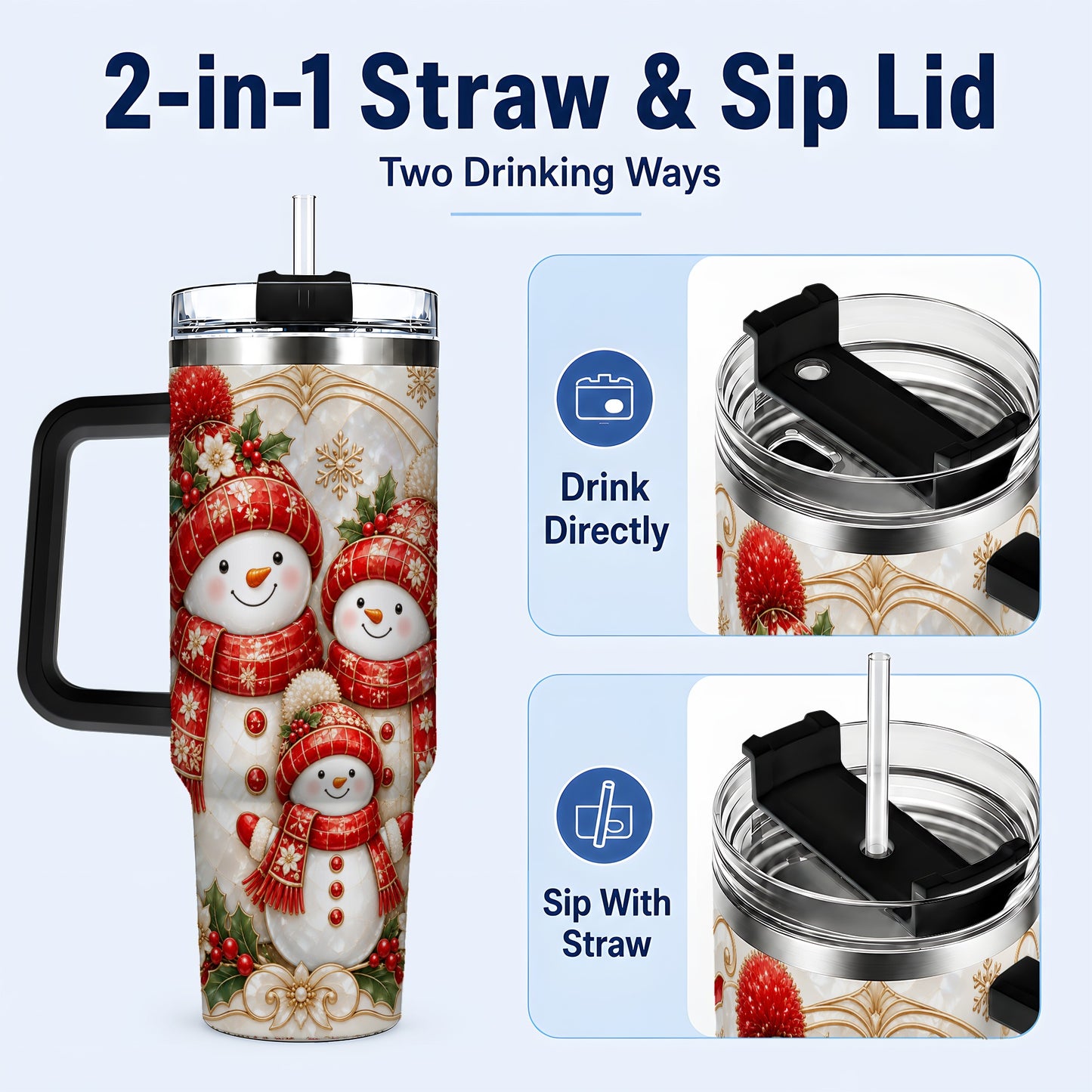#pl[40oz|Black] Snowman Family 40oz Tumbler with Handle, Christmas Stainless Steel Cup