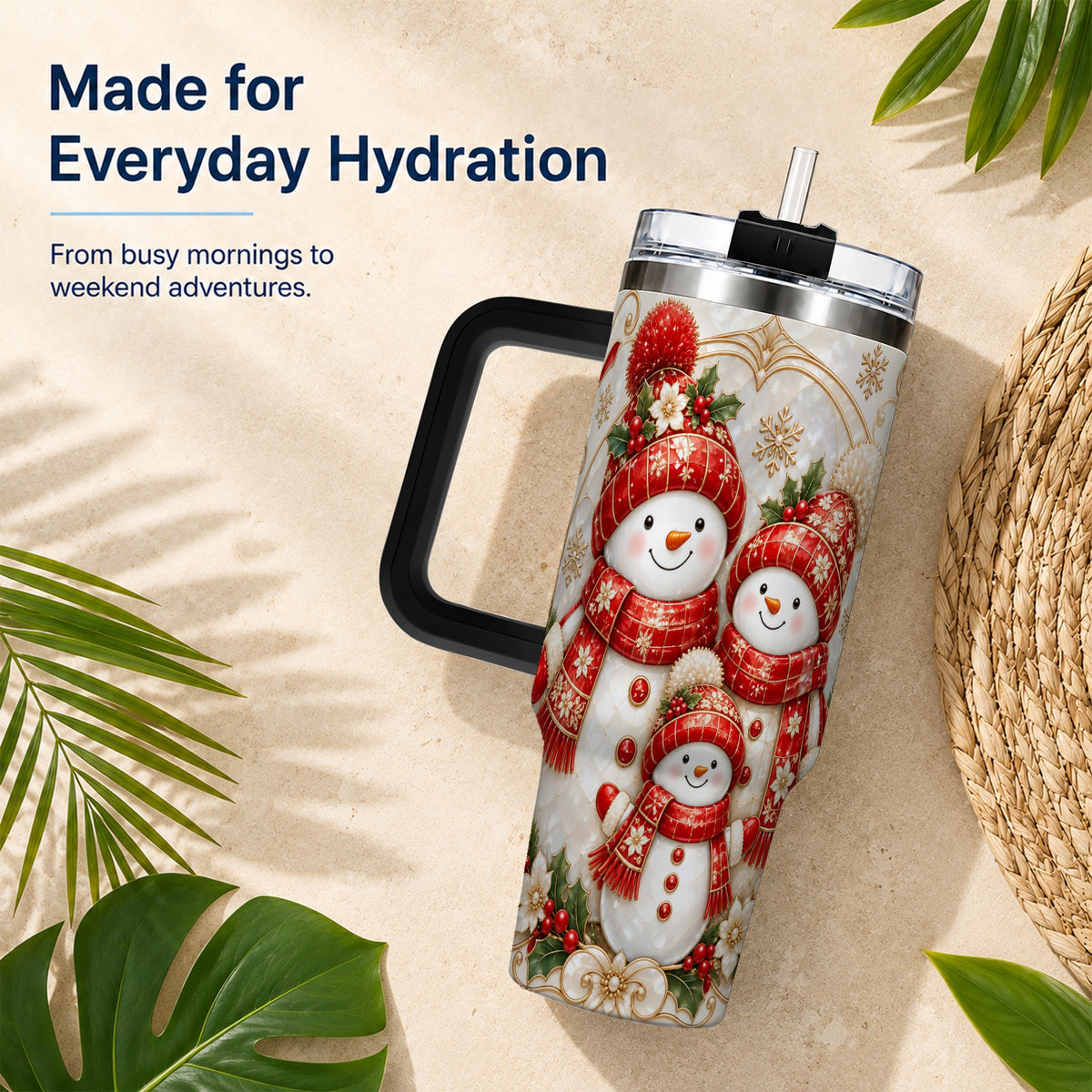 #pl[40oz|Black] Snowman Family 40oz Tumbler with Handle, Christmas Stainless Steel Cup