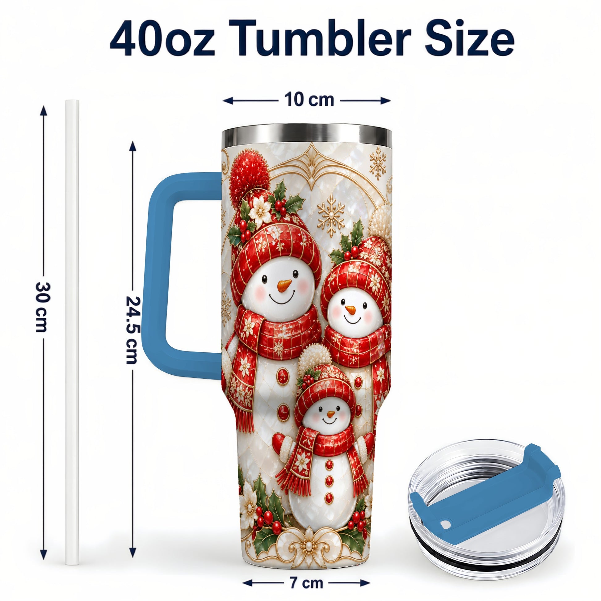 #pl[40oz|Blue] Snowman Family 40oz Tumbler with Handle, Christmas Stainless Steel Cup