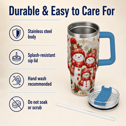 #pl[40oz|Blue] Snowman Family 40oz Tumbler with Handle, Christmas Stainless Steel Cup