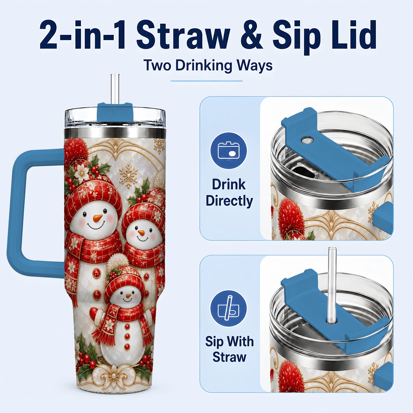 #pl[40oz|Blue] Snowman Family 40oz Tumbler with Handle, Christmas Stainless Steel Cup