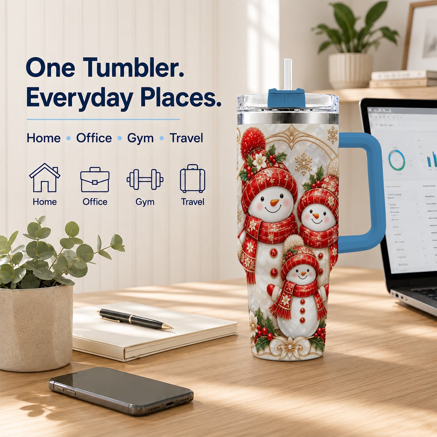 #pl[40oz|Blue] Snowman Family 40oz Tumbler with Handle, Christmas Stainless Steel Cup