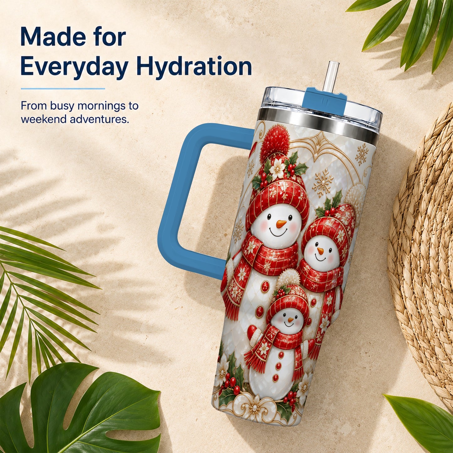 #pl[40oz|Blue] Snowman Family 40oz Tumbler with Handle, Christmas Stainless Steel Cup