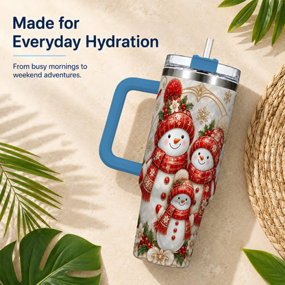 #pl[40oz|Blue] Snowman Family 40oz Tumbler with Handle, Christmas Stainless Steel Cup