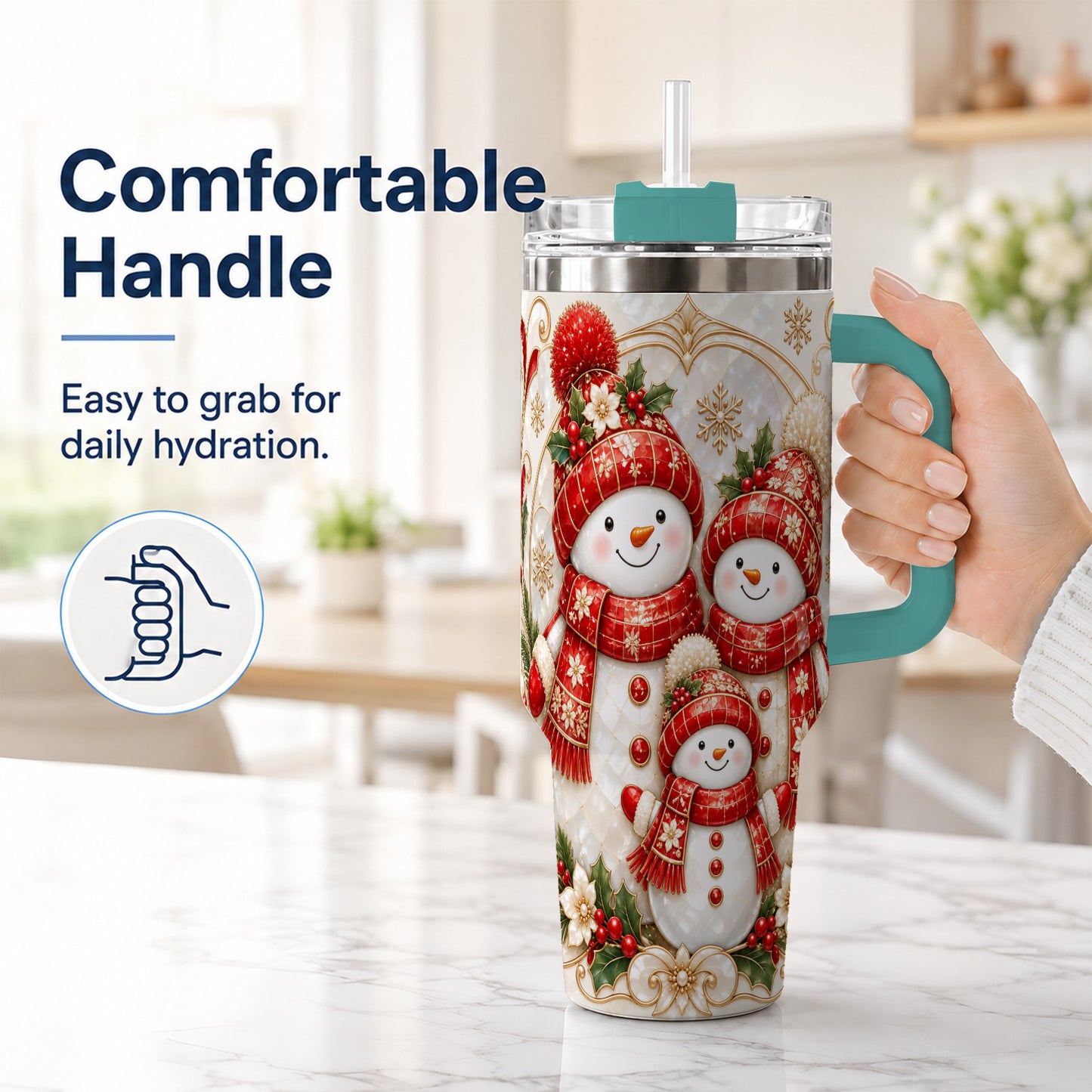 #pl[40oz|Green] Snowman Family 40oz Tumbler with Handle, Christmas Stainless Steel Cup