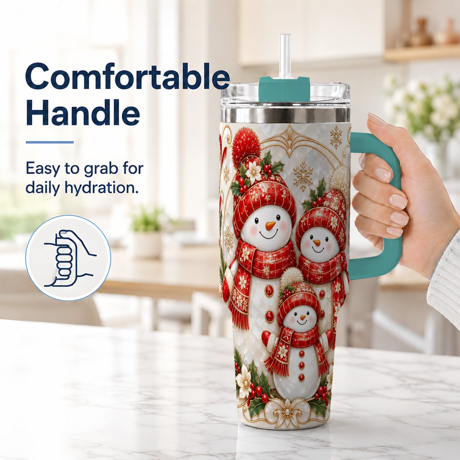 #pl[40oz|Green] Snowman Family 40oz Tumbler with Handle, Christmas Stainless Steel Cup