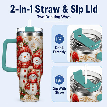 #pl[40oz|Green] Snowman Family 40oz Tumbler with Handle, Christmas Stainless Steel Cup