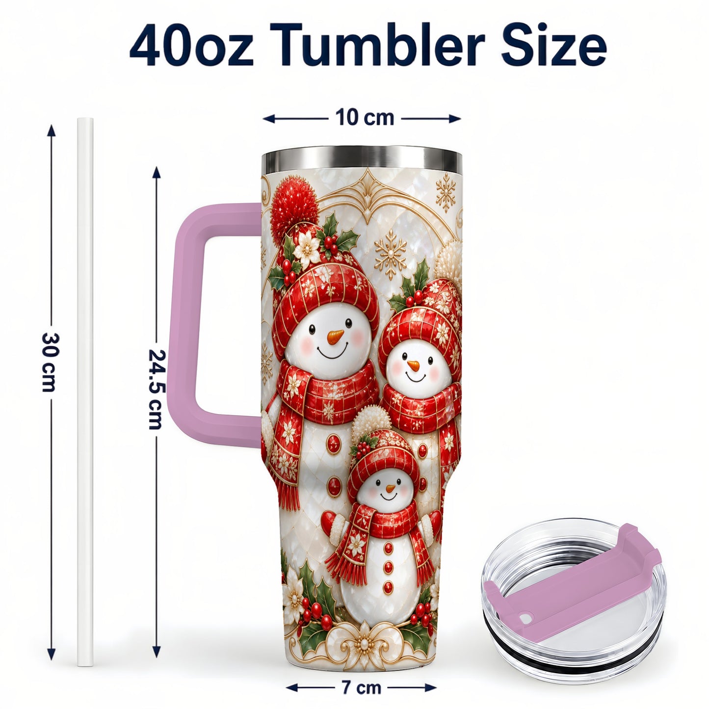 #pl[40oz|Pink] Snowman Family 40oz Tumbler with Handle, Christmas Stainless Steel Cup