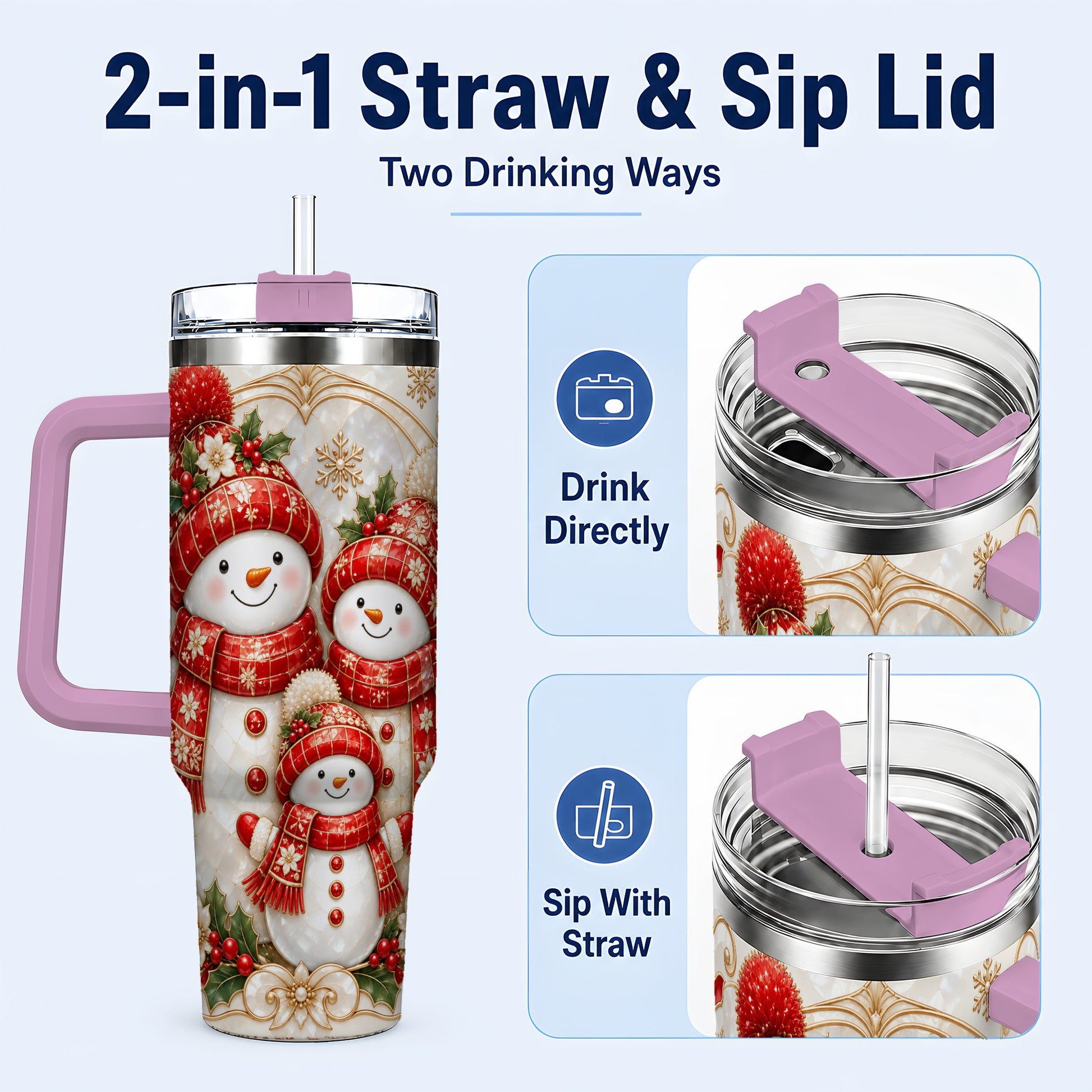 #pl[40oz|Pink] Snowman Family 40oz Tumbler with Handle, Christmas Stainless Steel Cup