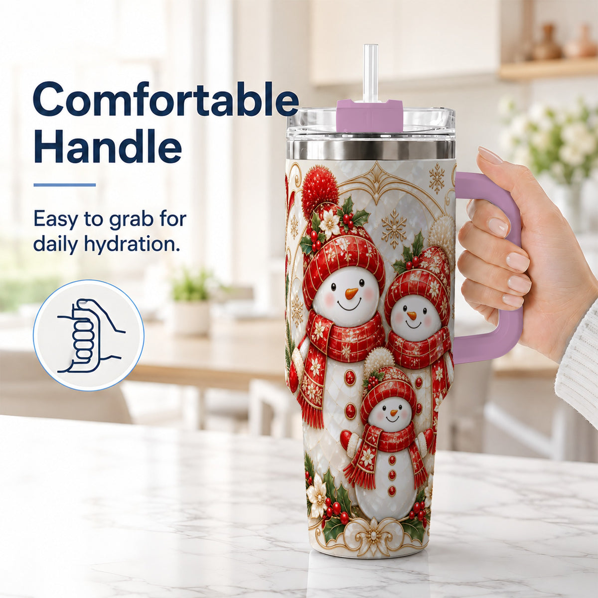 #pl[40oz|Pink] Snowman Family 40oz Tumbler with Handle, Christmas Stainless Steel Cup
