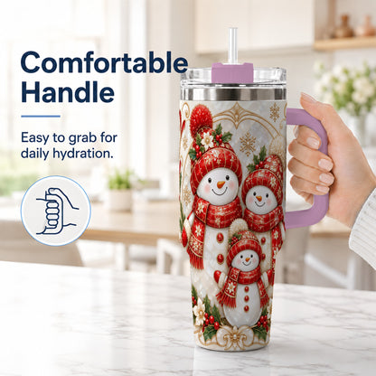 #pl[40oz|Pink] Snowman Family 40oz Tumbler with Handle, Christmas Stainless Steel Cup