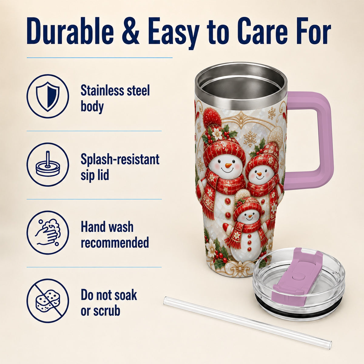 #pl[40oz|Pink] Snowman Family 40oz Tumbler with Handle, Christmas Stainless Steel Cup