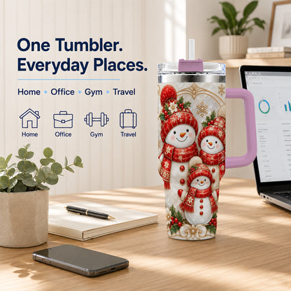 #pl[40oz|Pink] Snowman Family 40oz Tumbler with Handle, Christmas Stainless Steel Cup