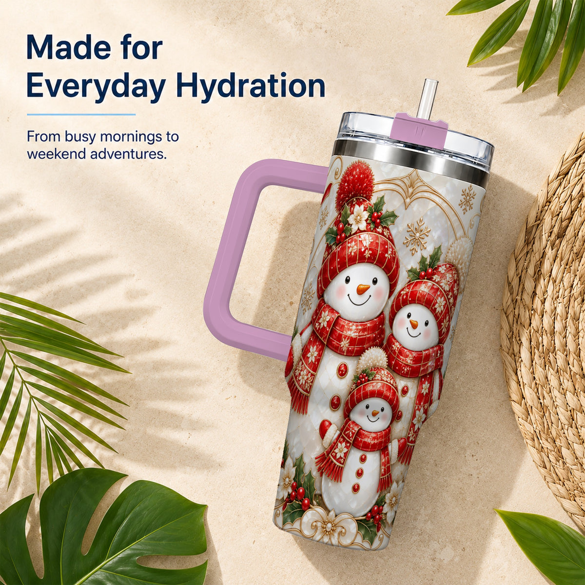 #pl[40oz|Pink] Snowman Family 40oz Tumbler with Handle, Christmas Stainless Steel Cup