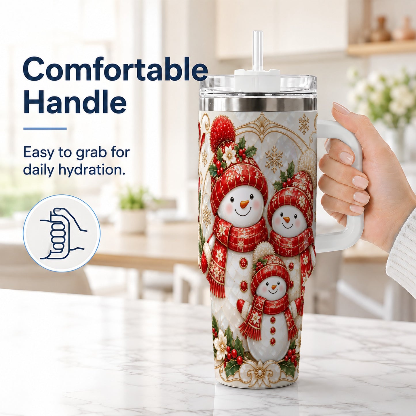 #pl[40oz|White] Snowman Family 40oz Tumbler with Handle, Christmas Stainless Steel Cup