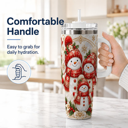 #pl[40oz|White] Snowman Family 40oz Tumbler with Handle, Christmas Stainless Steel Cup