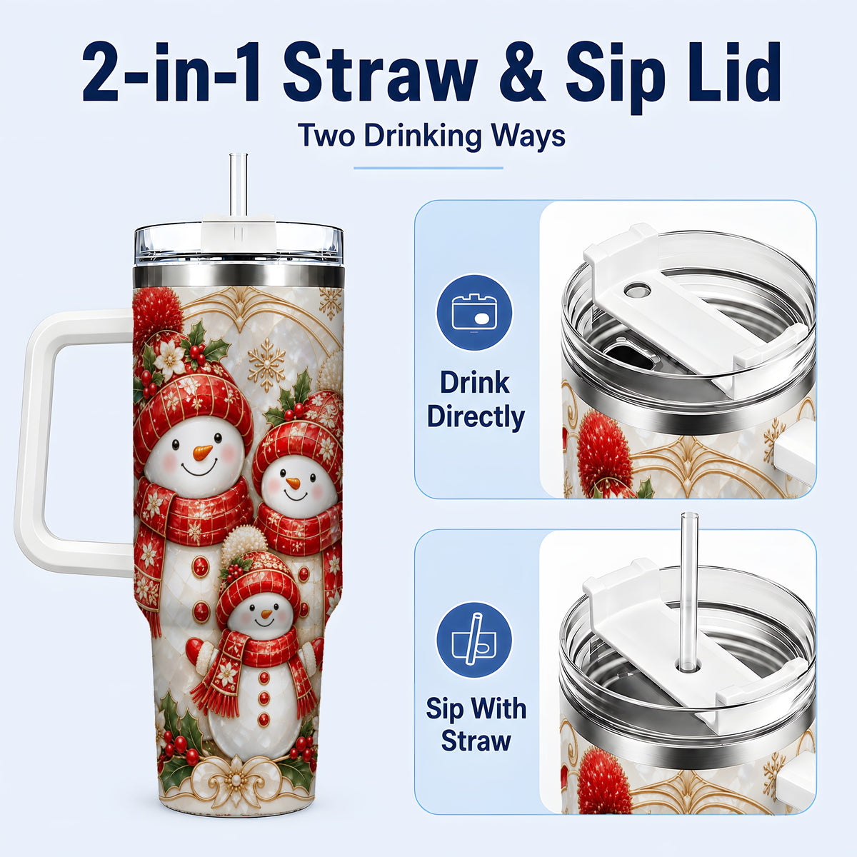 #pl[40oz|White] Snowman Family 40oz Tumbler with Handle, Christmas Stainless Steel Cup