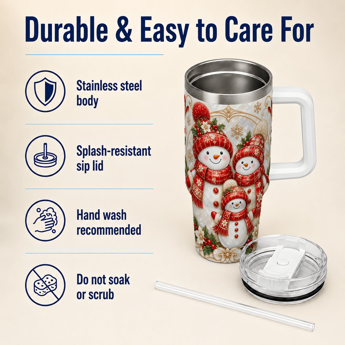 #pl[40oz|White] Snowman Family 40oz Tumbler with Handle, Christmas Stainless Steel Cup